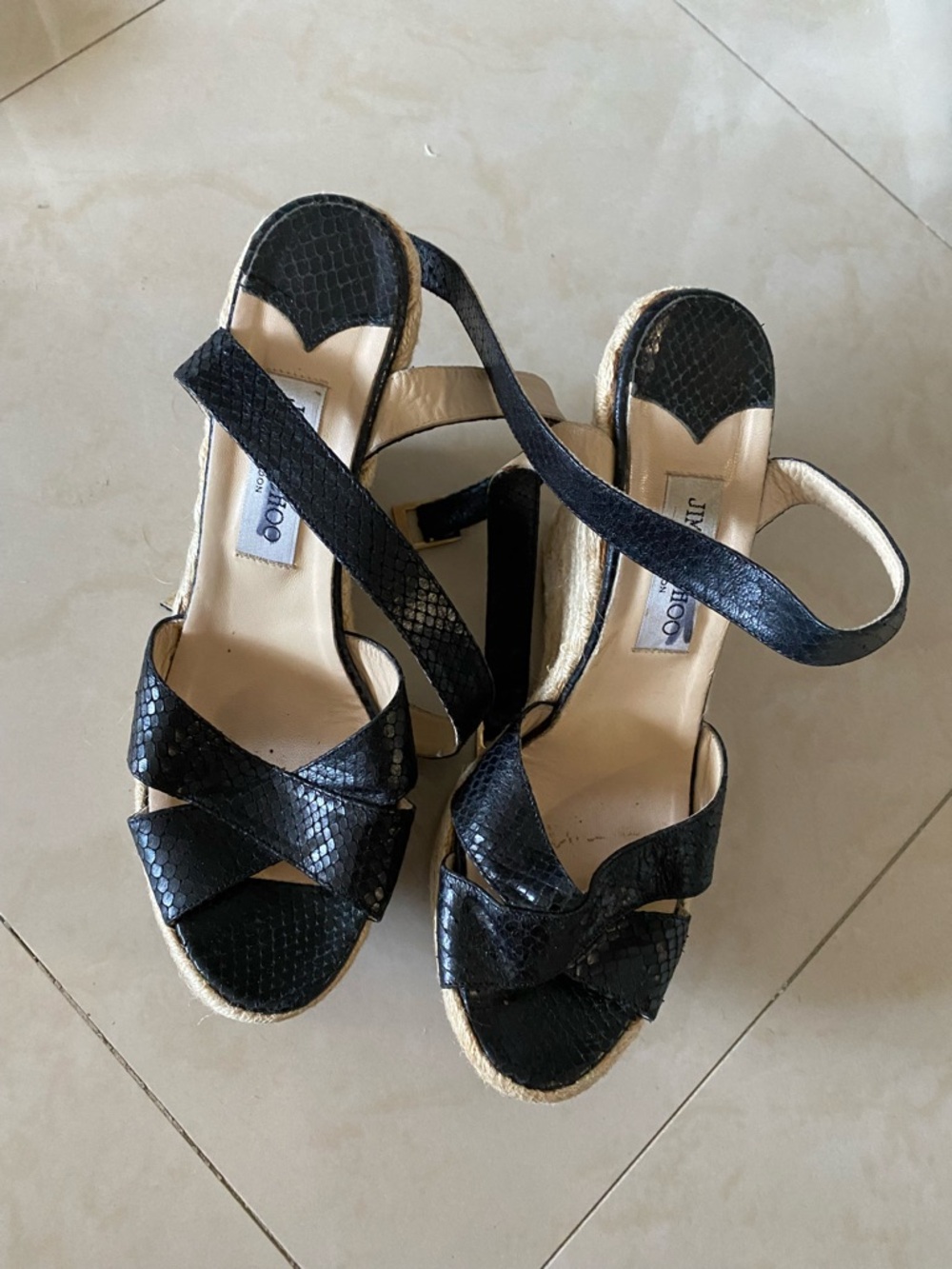 Jimmy Choo Black Textured Leather Espadrille Wedge Sandals